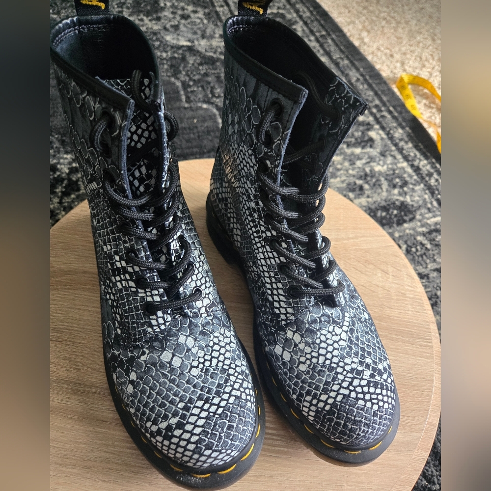 Dr. Martens Black and Gray Snake Pattern Boots